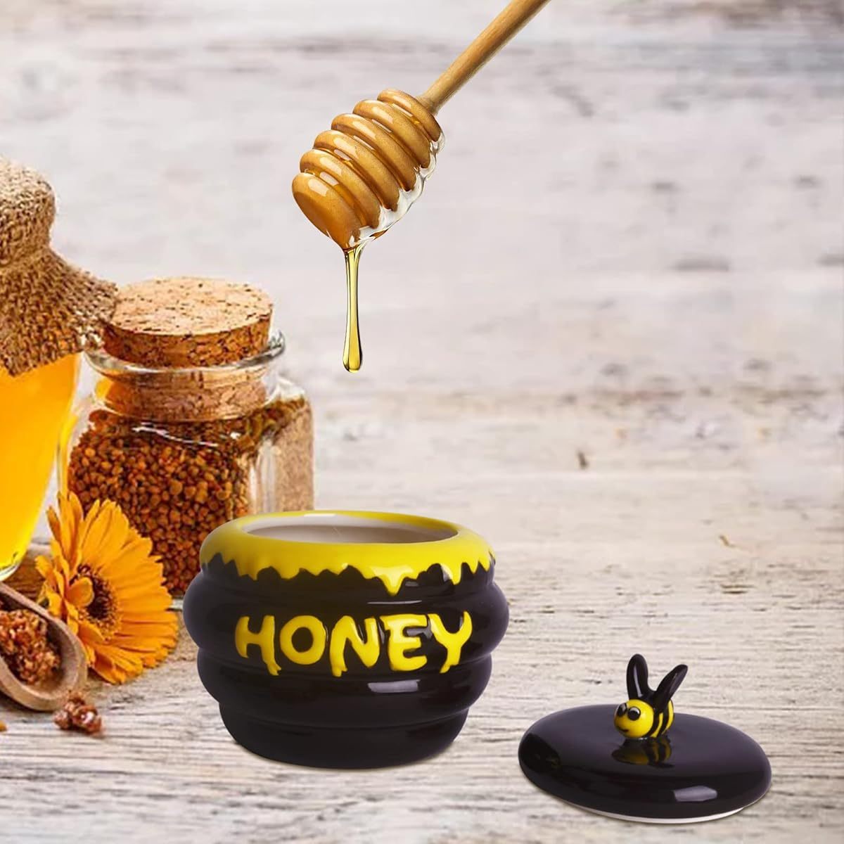 Mini Ceramic Honey Jar with Lid and Dipper in Bee Design