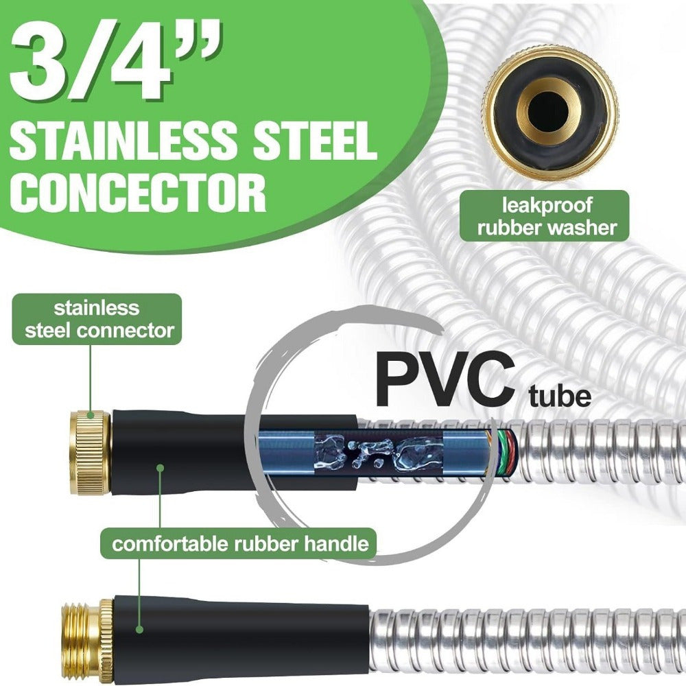 100ft Heavy Duty Stainless Garden Hose With 10 Nozzles