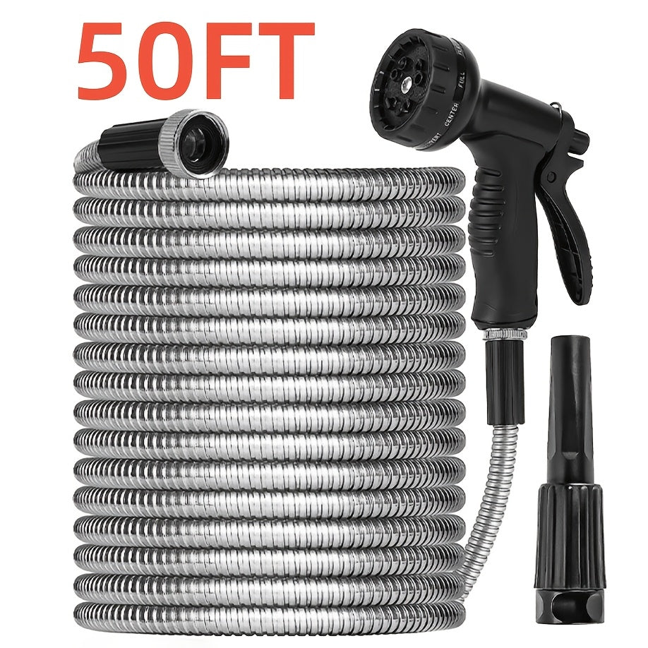 100ft Heavy Duty Stainless Garden Hose With 10 Nozzles