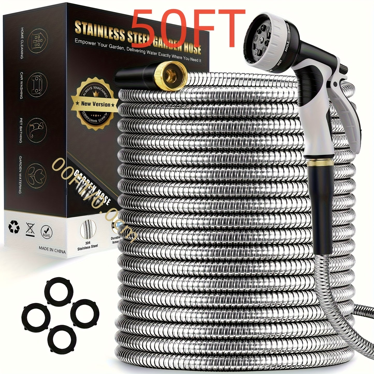 100ft Heavy Duty Stainless Garden Hose With 10 Nozzles