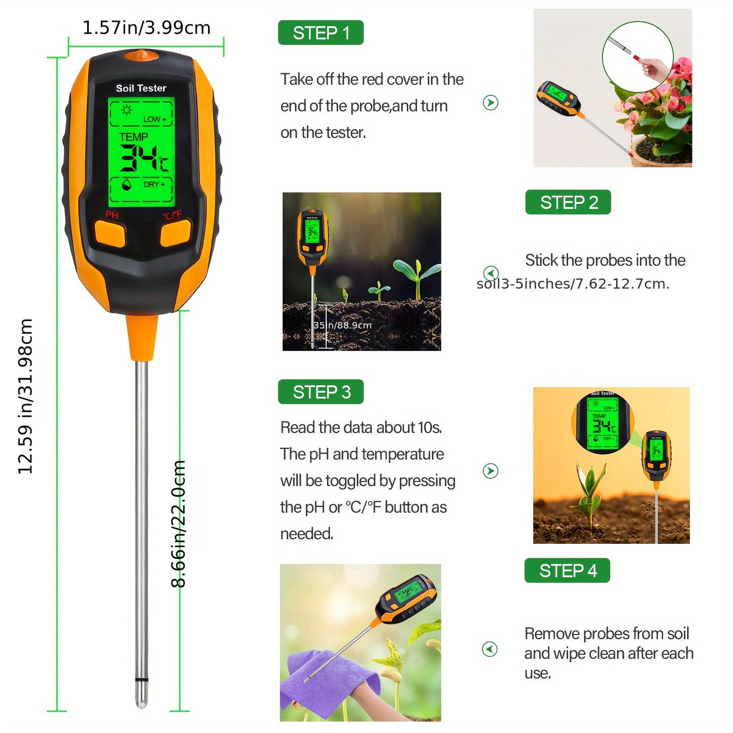 4 In 1 Soil Moisture Meter Digital PH Meter Soil Moisture Plant Temperature Sunlight Intensity Backlight LCD Display Soil Test Meter For Garden Lawn Plant Care Farm And Indoor Outdoor Plants