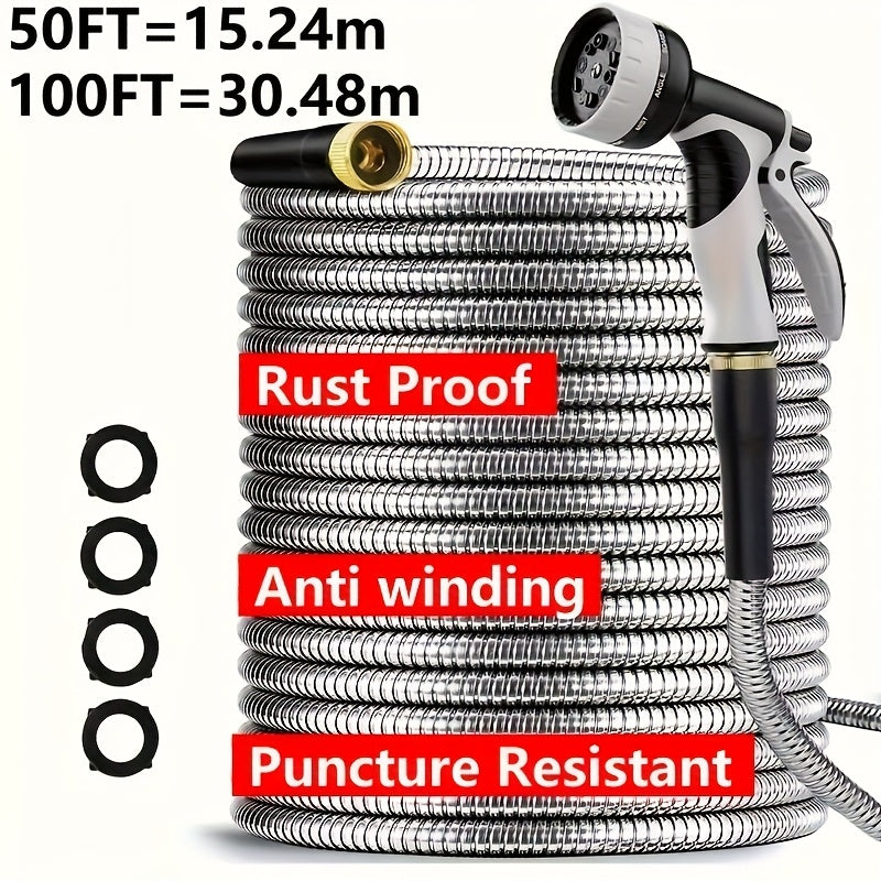 100ft Heavy Duty Stainless Garden Hose With 10 Nozzles