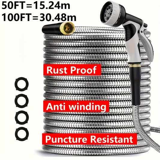 100ft Heavy Duty Stainless Garden Hose With 10 Nozzles