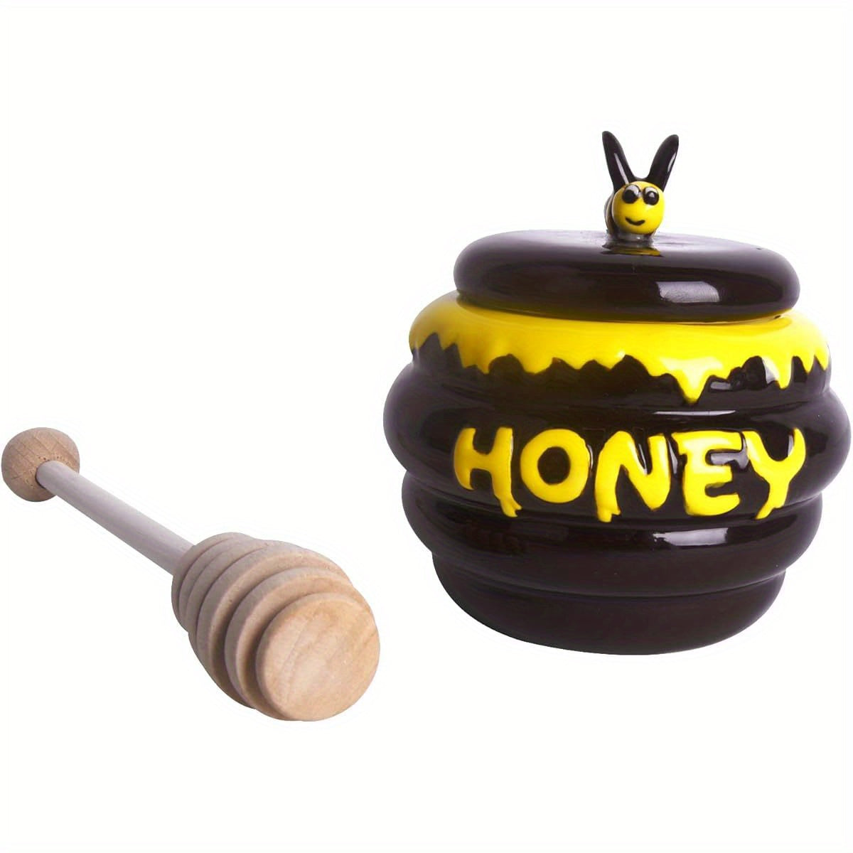 Mini Ceramic Honey Jar with Lid and Dipper in Bee Design