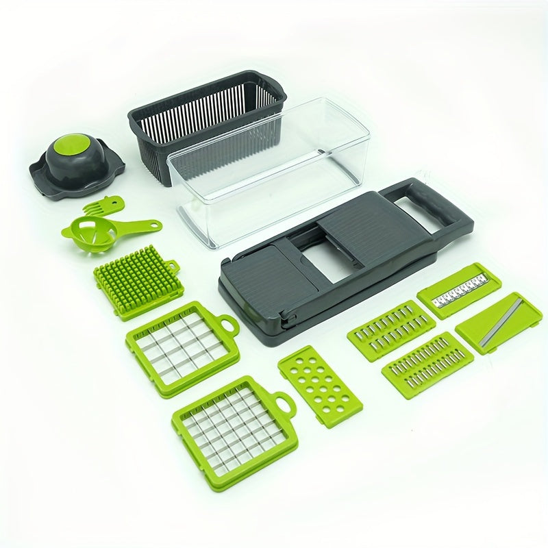 14 Piece Set Upgraded Vegetable Chopper Multifunctional Fruit Slicer Handle Food Grater Vegetable Slicer Cutter With Container Onion Mincer Chopper With Multiple Interchangeable Blades Household Potato Shredder Kitchen
