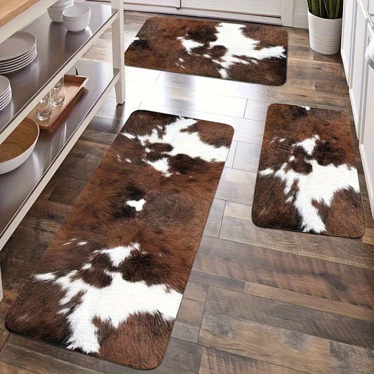 Brown and White Cow Print Kitchen Mat Set for Farmhouse Decor