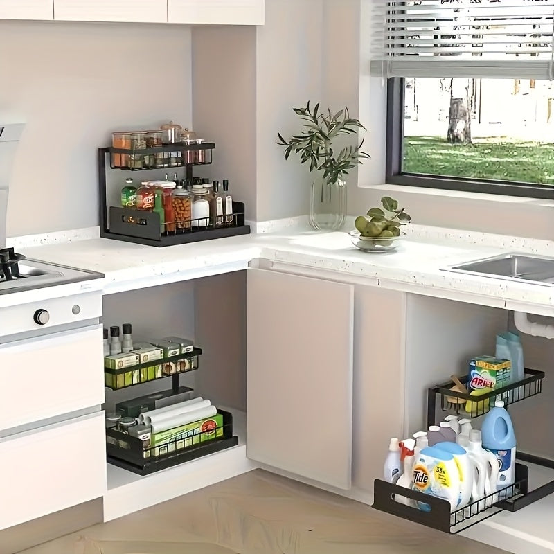 Two Tier Sliding Under Sink Organizer For Kitchen Cabinets
