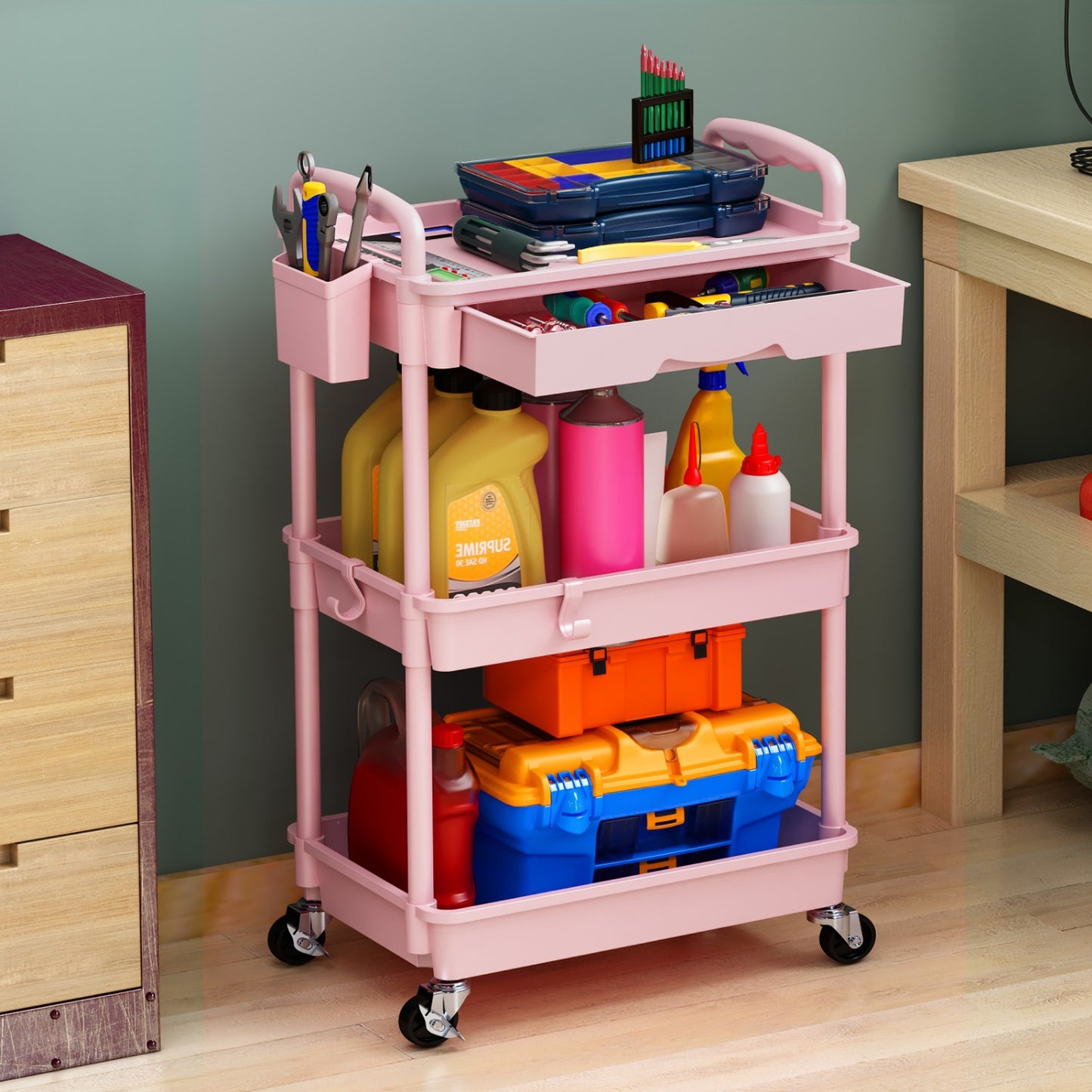 Rolling Utility Cart Organizer with Removable Drawer in White