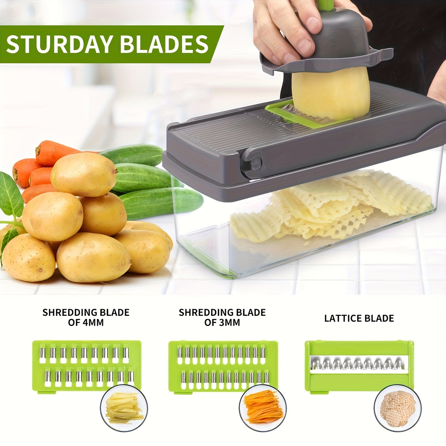 14 Piece Set Upgraded Vegetable Chopper Multifunctional Fruit Slicer Handle Food Grater Vegetable Slicer Cutter With Container Onion Mincer Chopper With Multiple Interchangeable Blades Household Potato Shredder Kitchen