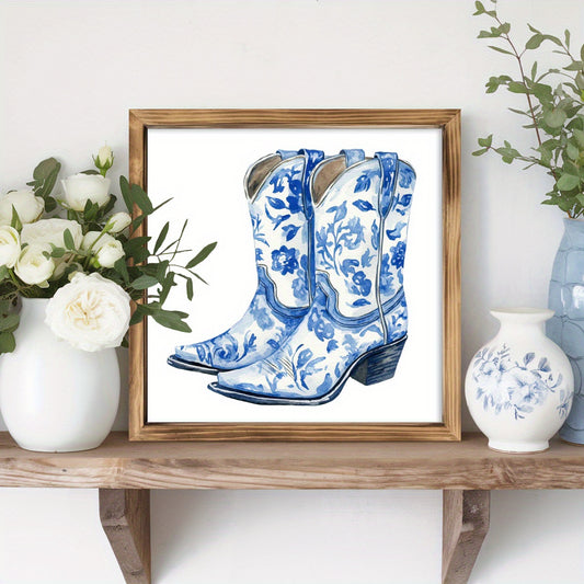 Vintage Blue Floral Cowboy Boots Framed Wall Art 8x8 Inch