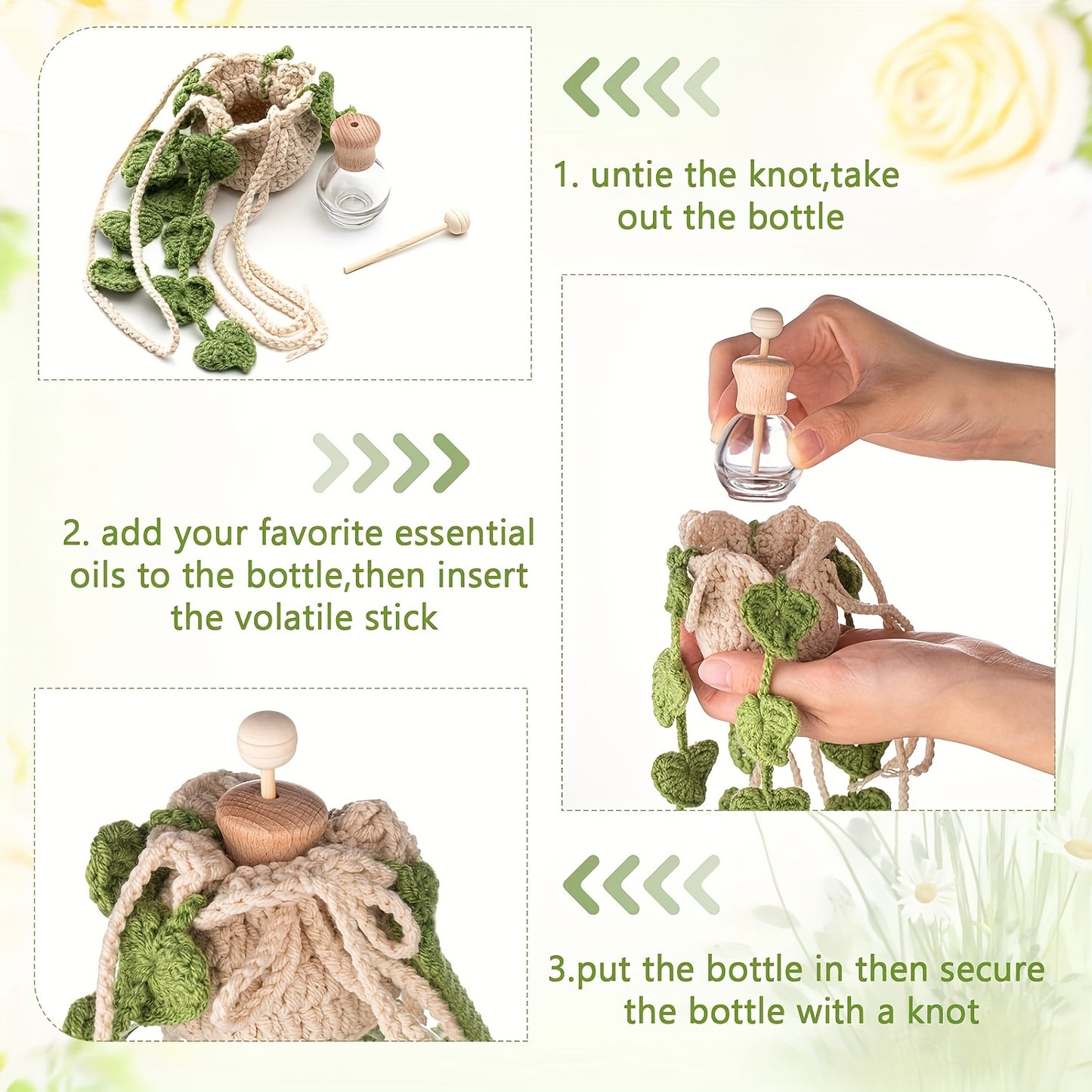 Handmade Crocheted Hanging Car Pothos Plant Diffuser Bottle