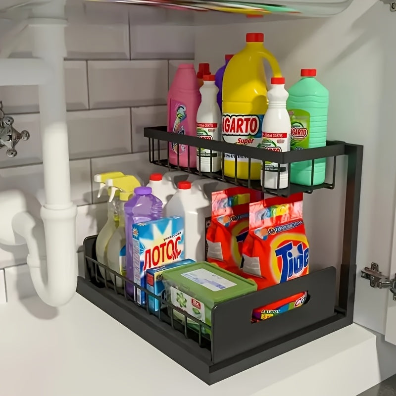 Two Tier Sliding Under Sink Organizer For Kitchen Cabinets