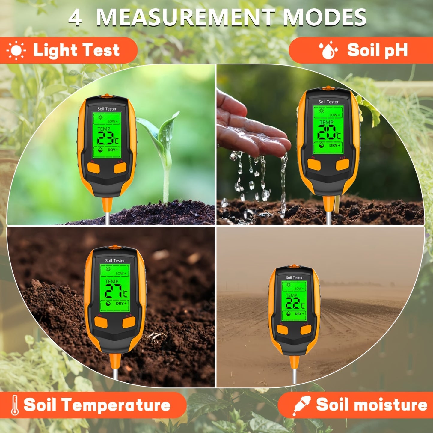 4 In 1 Soil Moisture Meter Digital PH Meter Soil Moisture Plant Temperature Sunlight Intensity Backlight LCD Display Soil Test Meter For Garden Lawn Plant Care Farm And Indoor Outdoor Plants