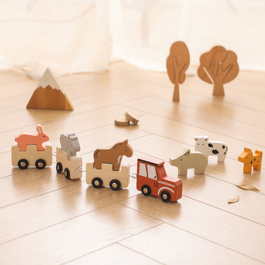 Wooden Farm Train Toy Set for Kids with Detachable Animals