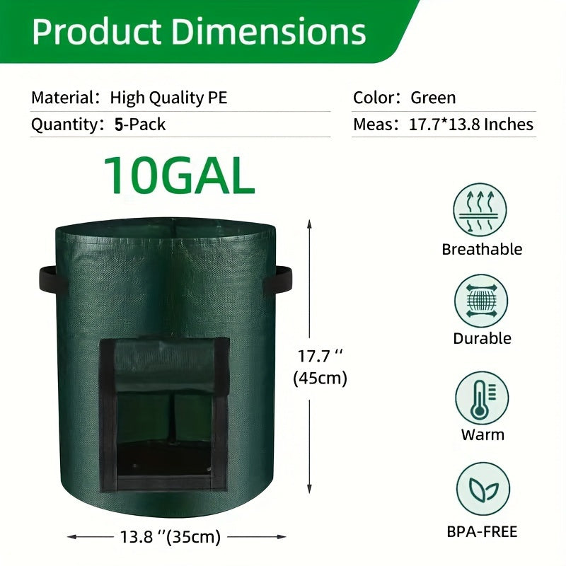 5 Packs 10 Gallon Breathable Fabric Grow Bags Aeration Potato Planters with Access Flap Sturdy Handles Lightweight Design Ideal for Indoor and Outdoor Gardening of Tomatoes Carrots Fruits and Vegetables