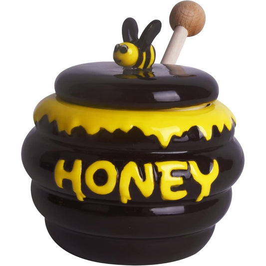 Mini Ceramic Honey Jar with Lid and Dipper in Bee Design