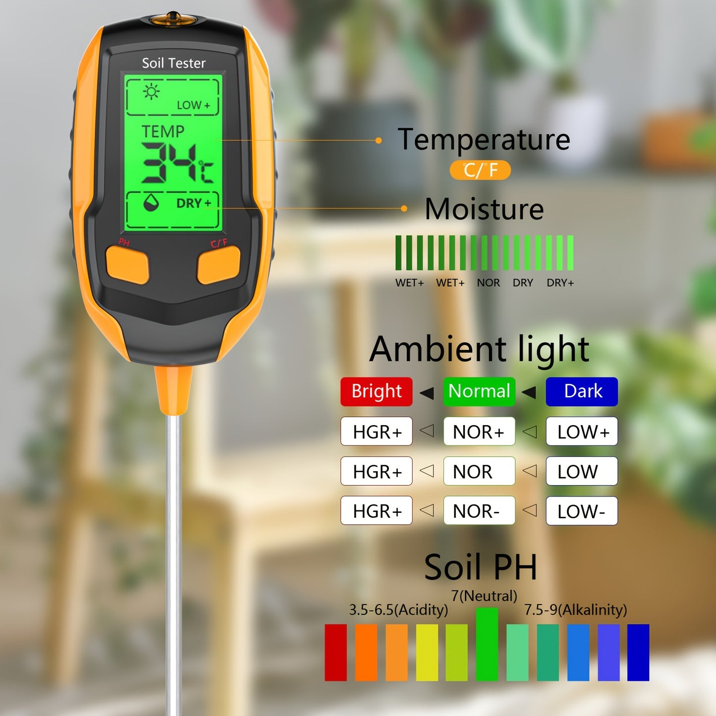 4 In 1 Soil Moisture Meter Digital PH Meter Soil Moisture Plant Temperature Sunlight Intensity Backlight LCD Display Soil Test Meter For Garden Lawn Plant Care Farm And Indoor Outdoor Plants