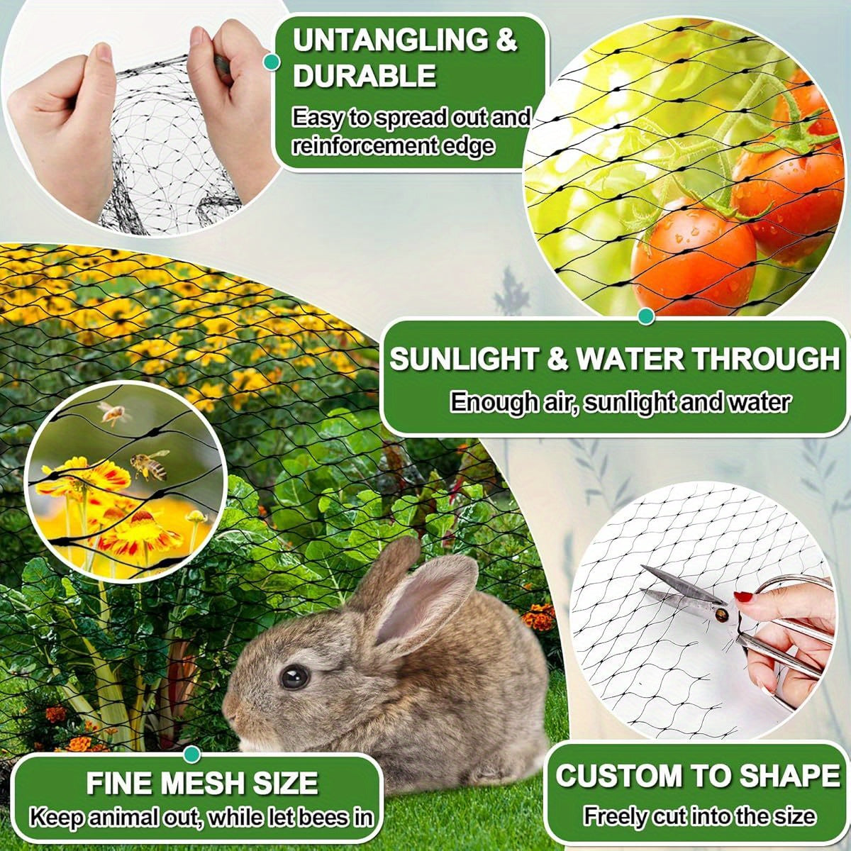 13x32ft Heavy Duty Garden Netting with 0.8 Inch Mesh Durable Black Bird Netting for Chicken Coop Deer Fence Fruit Trees and Vegetables Protects Against Birds Squirrels and Small Animals with Metal Staples and Rubber Bands
