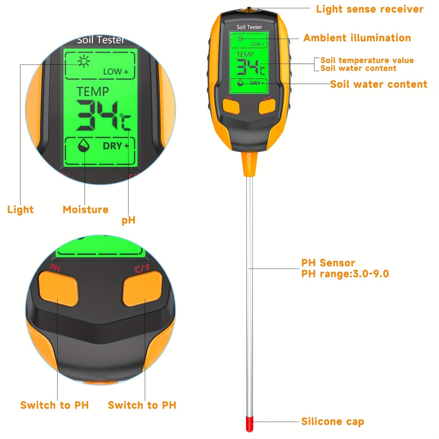 4 In 1 Soil Moisture Meter Digital PH Meter Soil Moisture Plant Temperature Sunlight Intensity Backlight LCD Display Soil Test Meter For Garden Lawn Plant Care Farm And Indoor Outdoor Plants