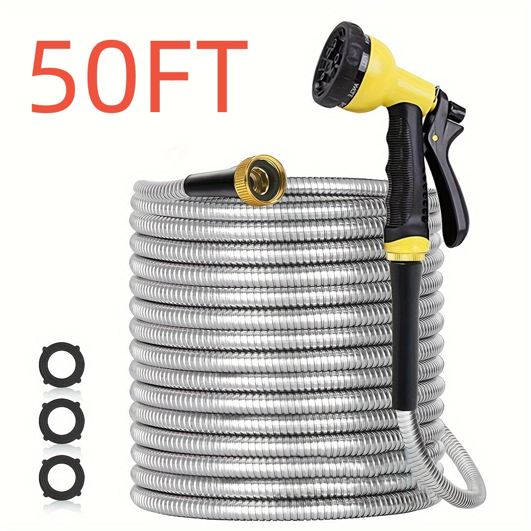 100ft Heavy Duty Stainless Garden Hose With 10 Nozzles