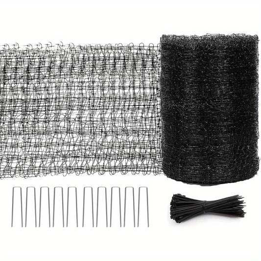 13x32ft Heavy Duty Garden Netting with 0.8 Inch Mesh Durable Black Bird Netting for Chicken Coop Deer Fence Fruit Trees and Vegetables Protects Against Birds Squirrels and Small Animals with Metal Staples and Rubber Bands