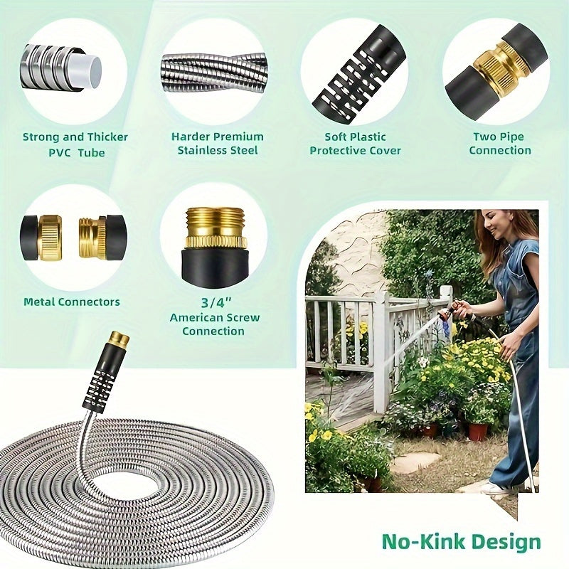 100ft Heavy Duty Stainless Garden Hose With 10 Nozzles