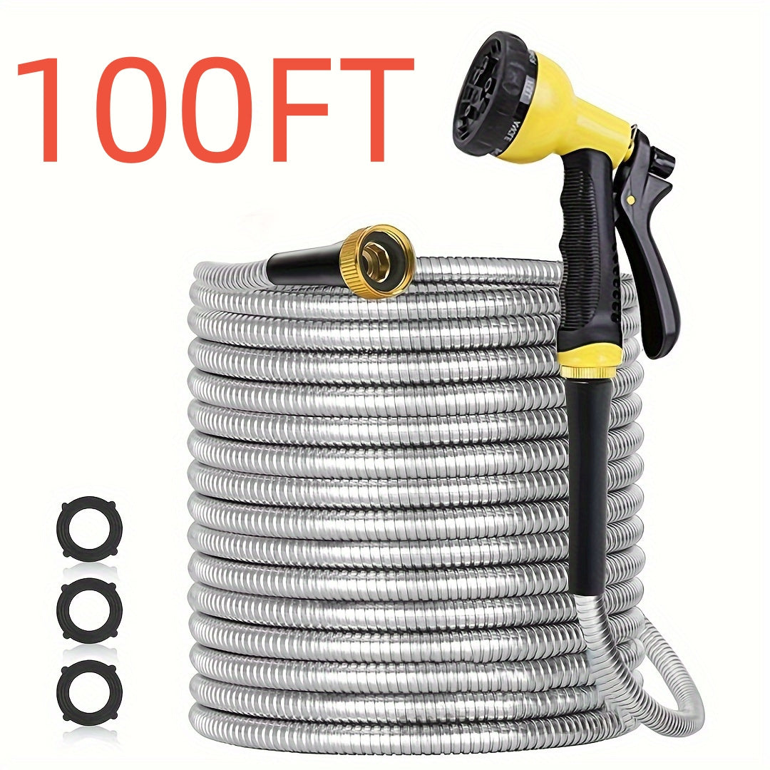 100ft Heavy Duty Stainless Garden Hose With 10 Nozzles
